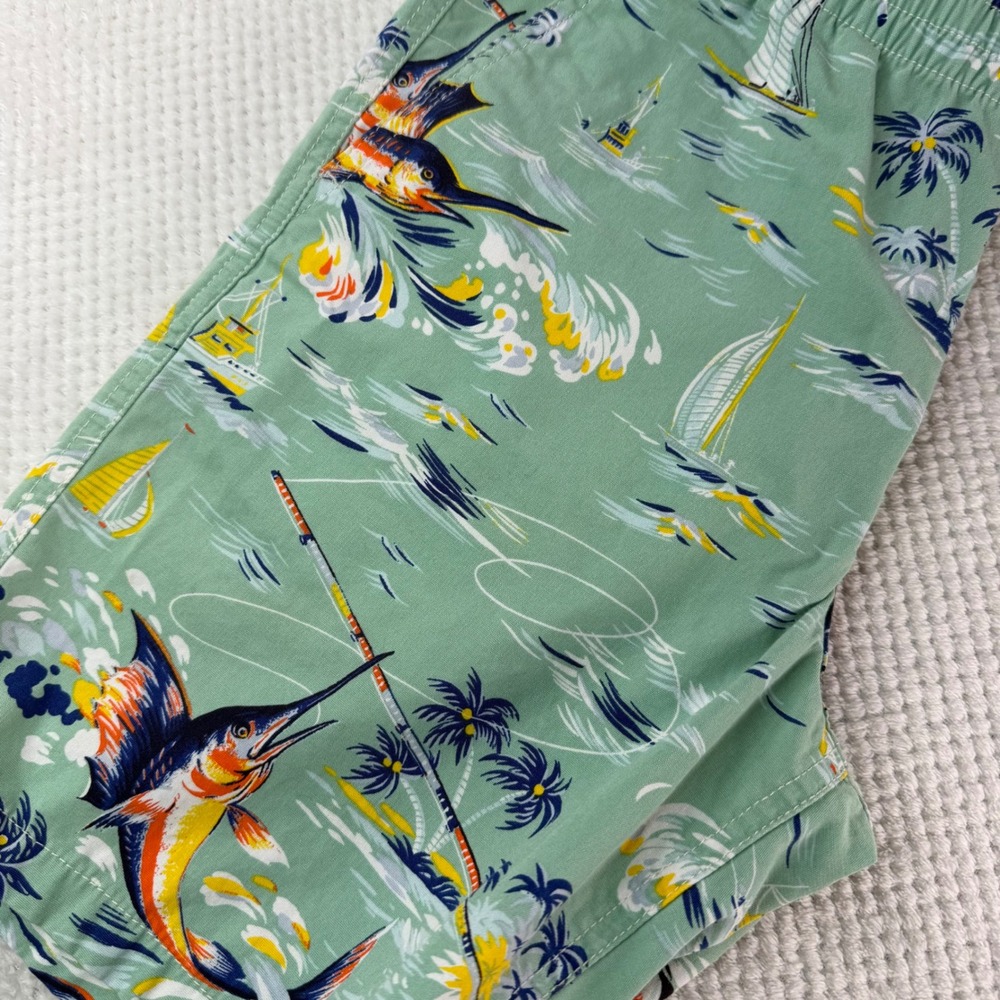 Polo Ralph Lauren Boys Green Marlin Tropical Sailboat Print Shorts Size 16